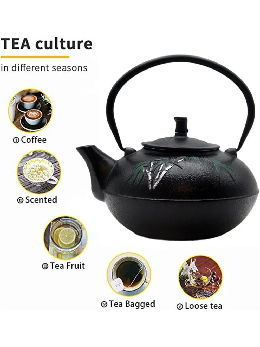 Black Cast Iron Kitchen Japanese Tea Pot 84.6oz 2500ml Stovetop Bamboo Infuser